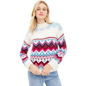 Loft‎ Fair Isle Sweater Size L Wide Sleeve Mock Neck Dress Fuzzy Winter